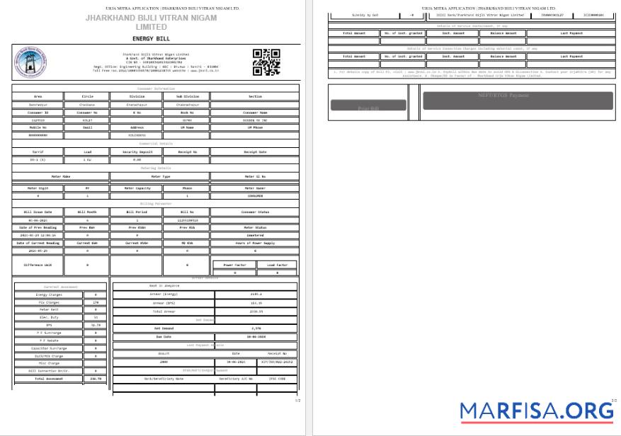 Printable INDIA JHARKHAND BIJLI VITRAN NIGAM LTD. business utility bill Word and PDF template